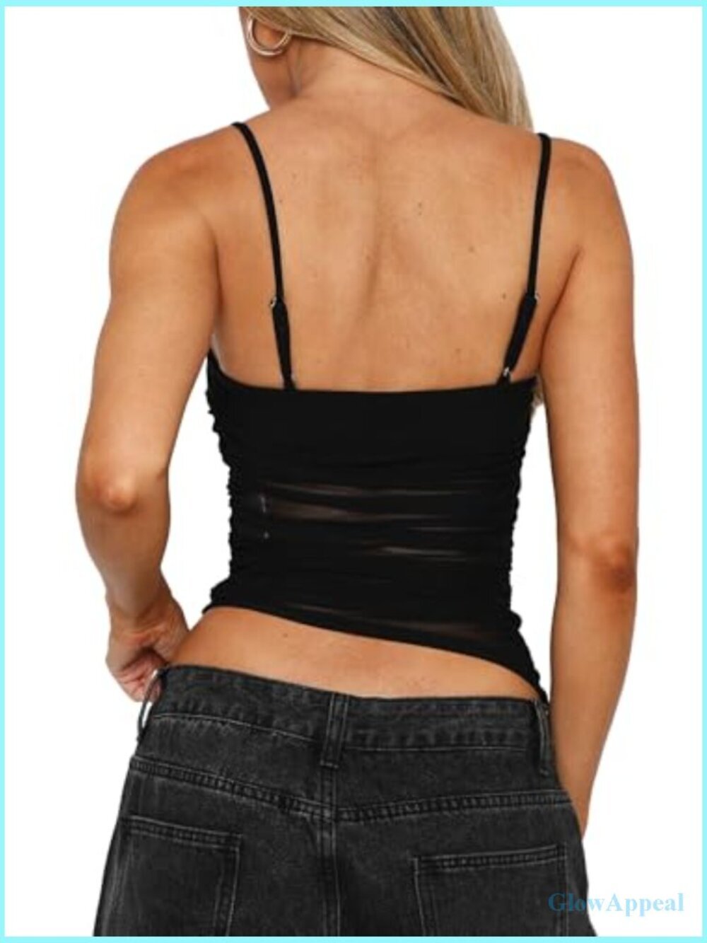 Spaghetti Strap Mesh Asymmetrical Crop Top Sleeveless Ruched Going Out Cami - Picture 2 of 7